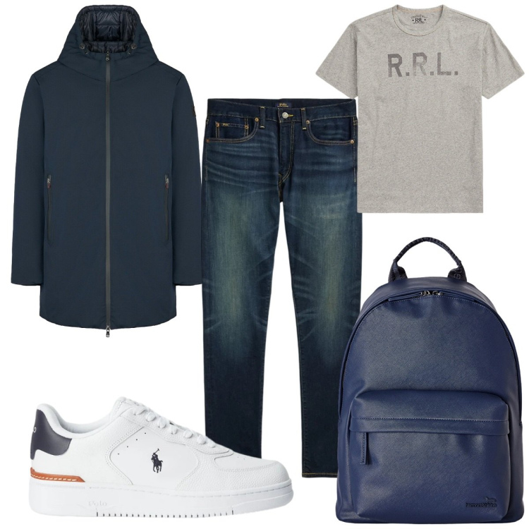 Outfit uomo - Total look #2487154. Stile Casual per Tutti i giorni. Abbinamento con borse sportive, t-shirt, sneakers, jeans, parka.
