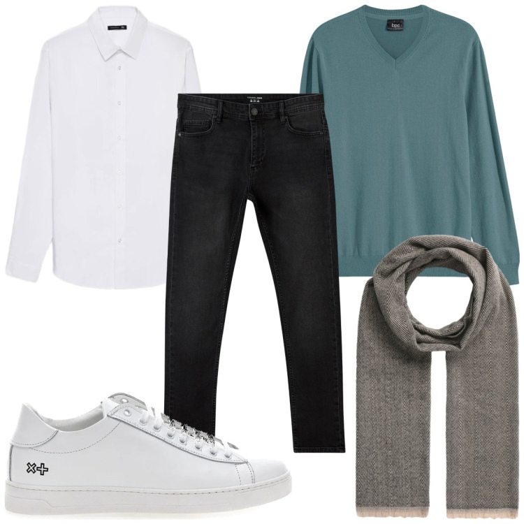 Outfit uomo - Total look #2487158. Stile Casual per Tutti i giorni. Abbinamento con jeans skinny, sciarpe, camicie, maglieria, sneakers.