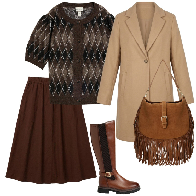 Outfit donna - Autumn ediscion. per Ufficio. Abbinamento con borse a spalla, cappotti, gonne longuette, cardigans, stivali.