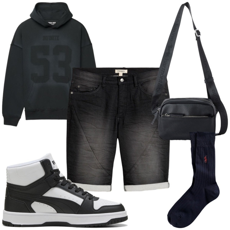 Outfit uomo - Total look #2487161. Stile Urban per Tutti i giorni. Abbinamento con borse sportive, calzini, felpe con cappuccio, bermuda, sneakers alte.