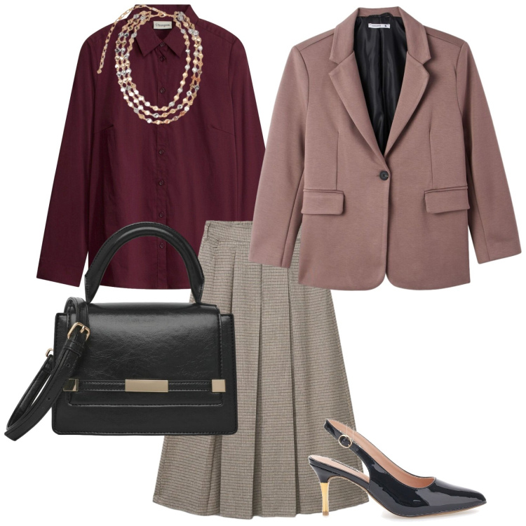 Outfit donna - Lady like. per Tutti i giorni. Abbinamento con collane, blazer, borse a tracolla, gonne longuette, décolleté, camicie.