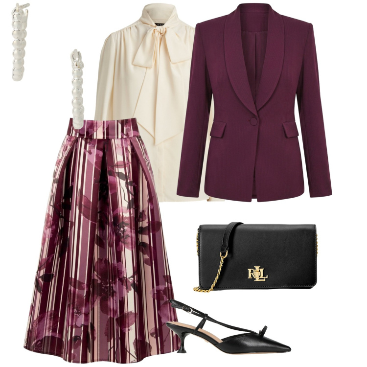 Outfit donna - Una riunione importante. per Ufficio. Abbinamento con orecchini, borse a tracolla, camicie, gonne longuette, blazer, décolleté.