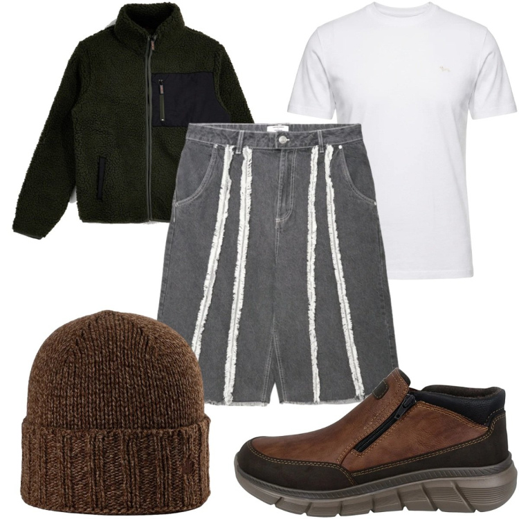 Outfit uomo - Total look #2487174. Stile Trendy per Tutti i giorni. Abbinamento con t-shirt, berretti, bermuda, pullovers, stivali e stivaletti.