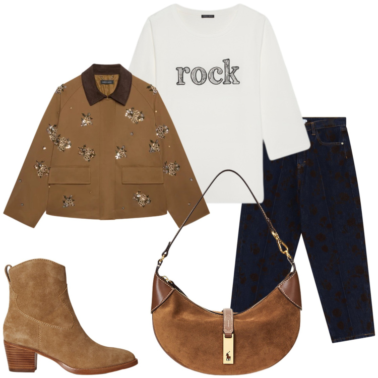 Outfit donna - Total look #2487191. Stile Chic per Tutti i giorni. Abbinamento con blazer, t-shirt, stivaletti, borse a spalla, jeans.