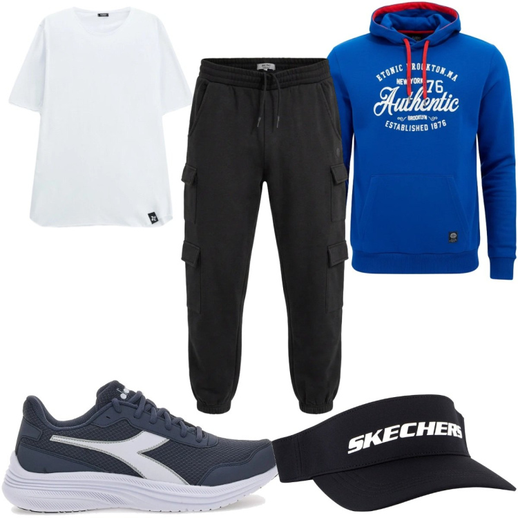 Outfit uomo - Total look #2487192. Stile Trendy per Sport. Abbinamento con t-shirt, felpe con cappuccio, pantaloni cargo, cappelli con visiera, sneakers.