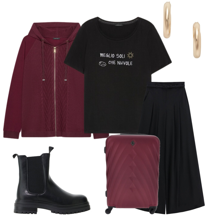 Outfit donna - Total look #2487195. Stile Glamour per Tutti i giorni. Abbinamento con stivaletti chelsea, pantaloni a palazzo, t-shirt, felpe con cappuccio, orecchini, valigie.