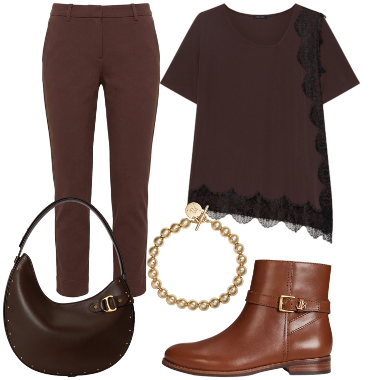 Outfit donna - Total look #2487197. Stile Glamour per Tutti i giorni. Abbinamento con pantaloni, t-shirt, braccialetti, borse a spalla, stivaletti.