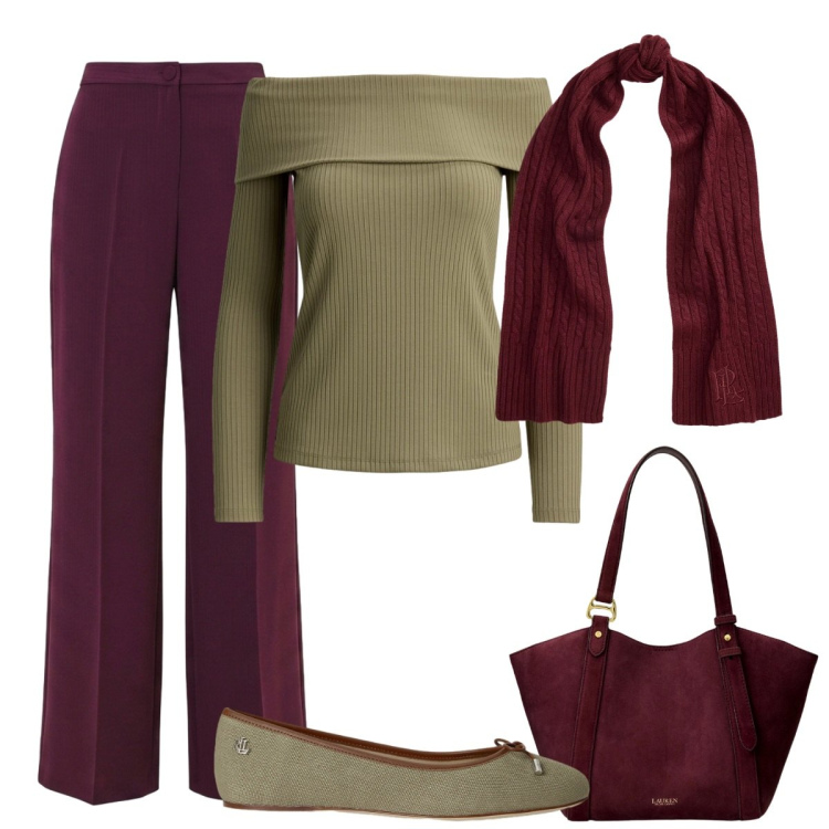 Outfit donna - Serata fuori. Stile Basic per Serata fuori. Abbinamento con t-shirt, ballerine, borse tote, sciarpe, pantaloni a palazzo.