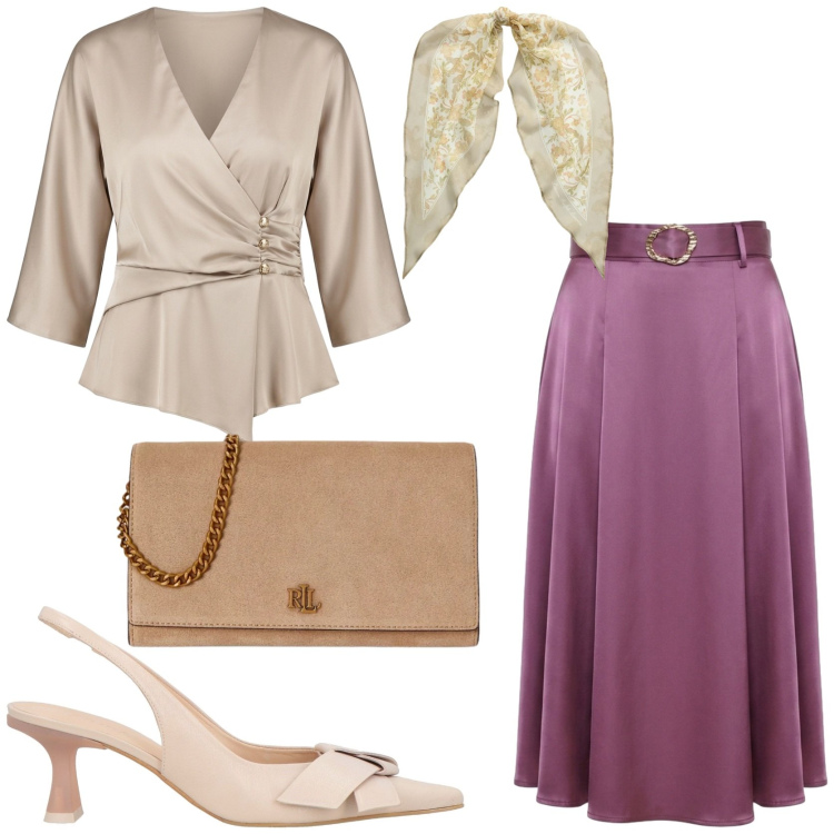 Outfit donna - Un tè con le amiche. Stile Chic per Tutti i giorni. Abbinamento con borse a tracolla, foulard, bluse, gonne longuette, décolleté.