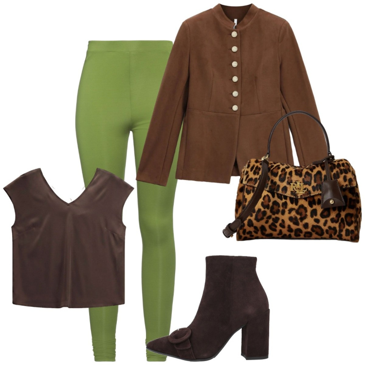 Outfit donna - Leggins verde. Stile Basic per Serata fuori. Abbinamento con t-shirt, blazer, borse a mano, leggings, stivaletti.