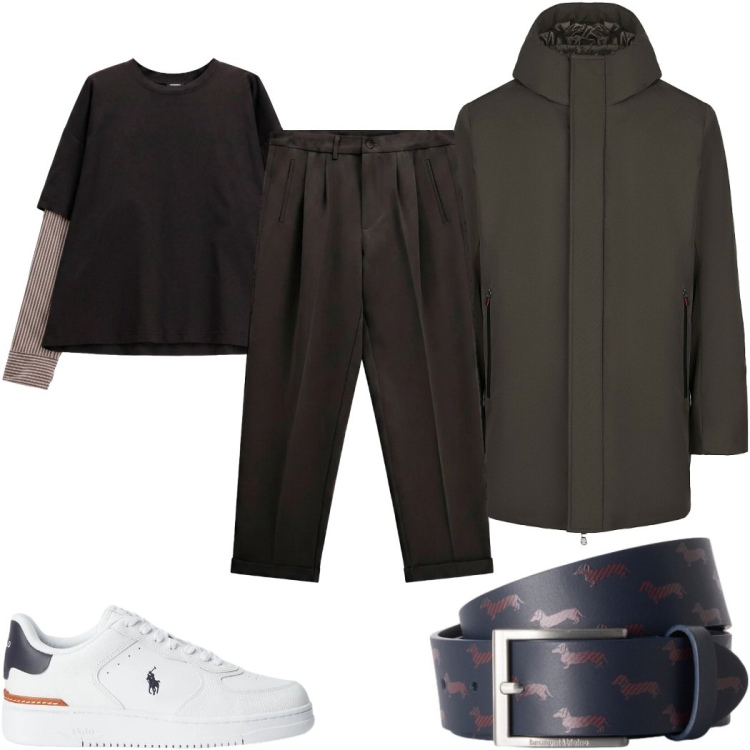 Outfit uomo - Total look #2487211. Stile Casual per Tutti i giorni. Abbinamento con cinture, t-shirt, pantaloni, sneakers, parka.