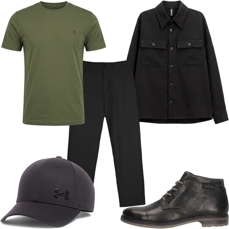 Outfit uomo - Total look #2487212. Stile Casual per Tutti i giorni. Abbinamento con t-shirt, cappotti, pantaloni chino, stivali e stivaletti, cappelli con visiera.