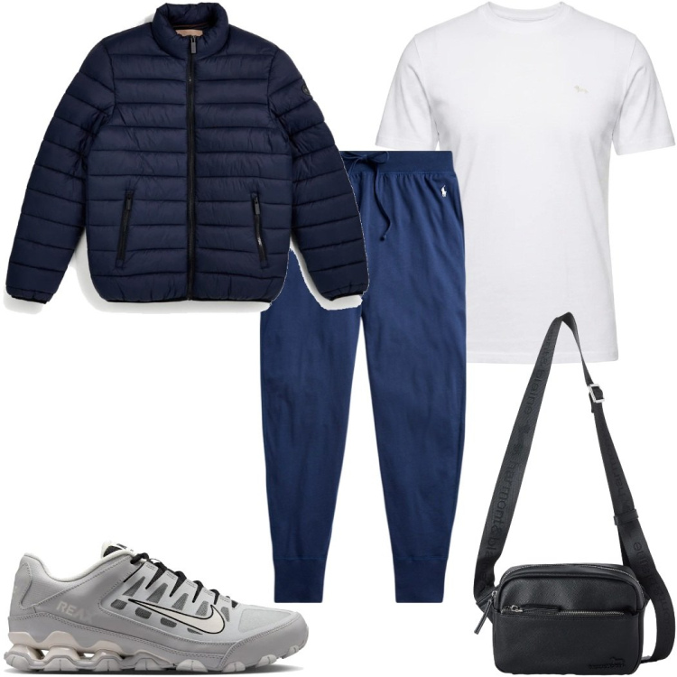 Outfit uomo - Total look #2487215. Stile Trendy per Sport. Abbinamento con borse sportive, t-shirt, pantaloni, piumini, sneakers.