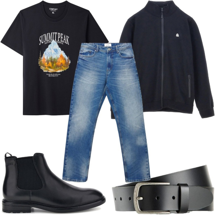 Outfit uomo - Total look #2487218. Stile Casual per Tutti i giorni. Abbinamento con jeans dritti, t-shirt, felpe, stivali e stivaletti, cinture.