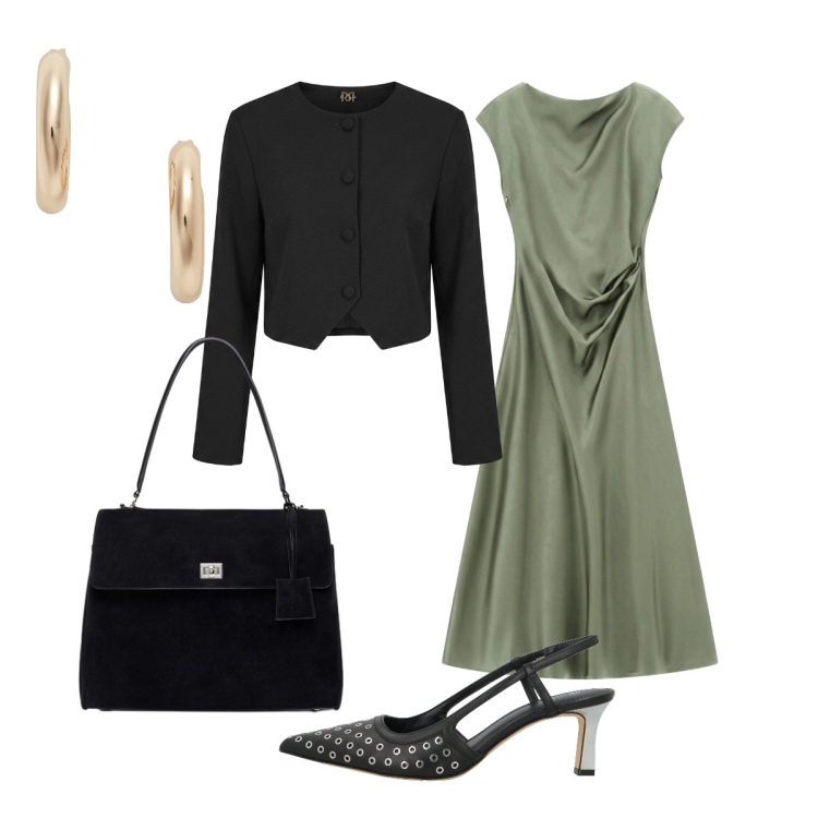 Outfit donna - Pranzo di lavoro. Stile Chic per Ufficio. Abbinamento con vestiti midi/longuette, borse a mano, orecchini, blazer, décolleté.