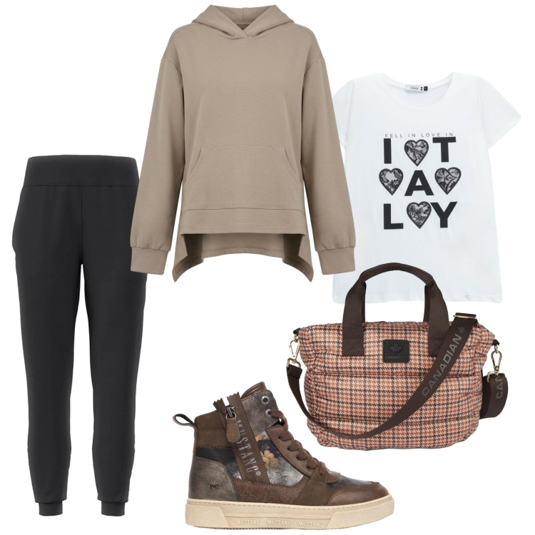 Outfit donna - Total look #2487239. Stile Sporty chic per Tutti i giorni. Abbinamento con felpe con cappuccio, t-shirt, borse tote, sneakers alte, pantaloni.