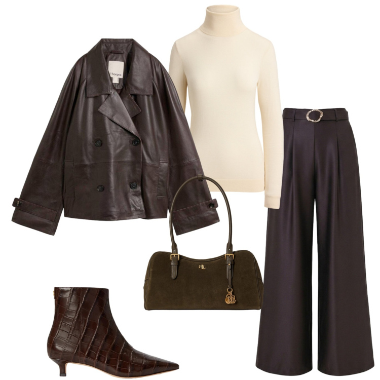 Outfit donna - Marrone re dell' autunno. Stile Casual chic per Ufficio. Abbinamento con stivaletti, borse a mano, pullovers, pantaloni a palazzo, caban.