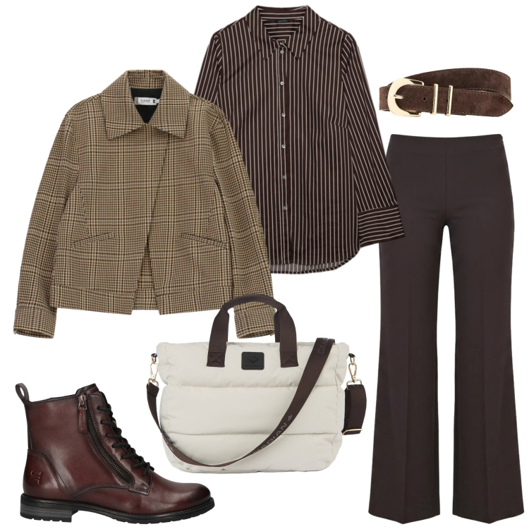 Outfit donna - Total look #2487252. Stile Sporty chic per Ufficio. Abbinamento con camicie, cappotti, pantaloni, borse tote, stivaletti, cinture.