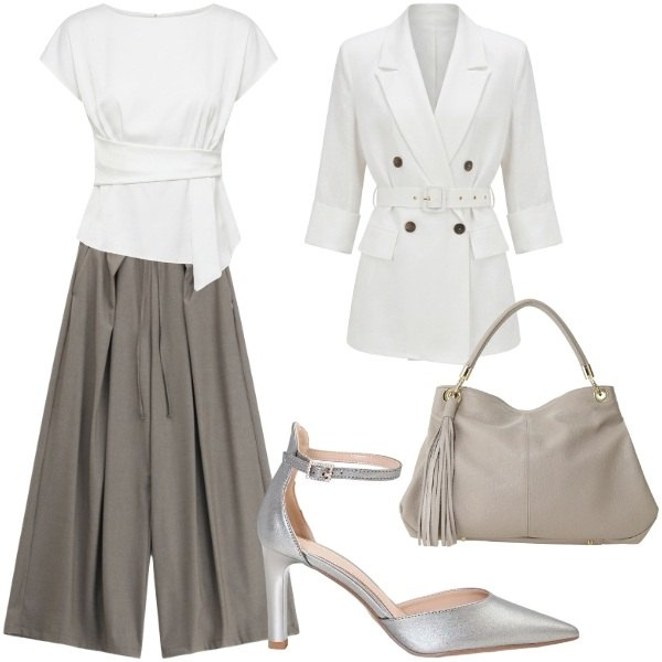 Outfit donna - Bianco e tortora in ufficio. Stile Basic per Ufficio. Abbinamento con borse a spalla, pantaloni a palazzo, bluse, décolleté, blazer.