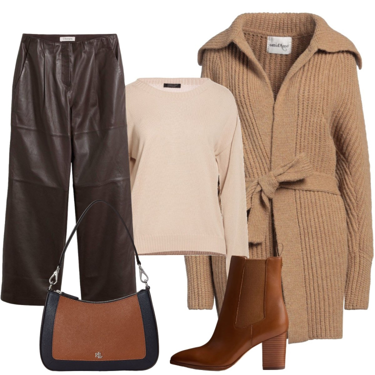 Outfit donna - In città. Stile Casual chic per Tutti i giorni. Abbinamento con borse a spalla, stivaletti, cardigans, pullovers, pantaloni.