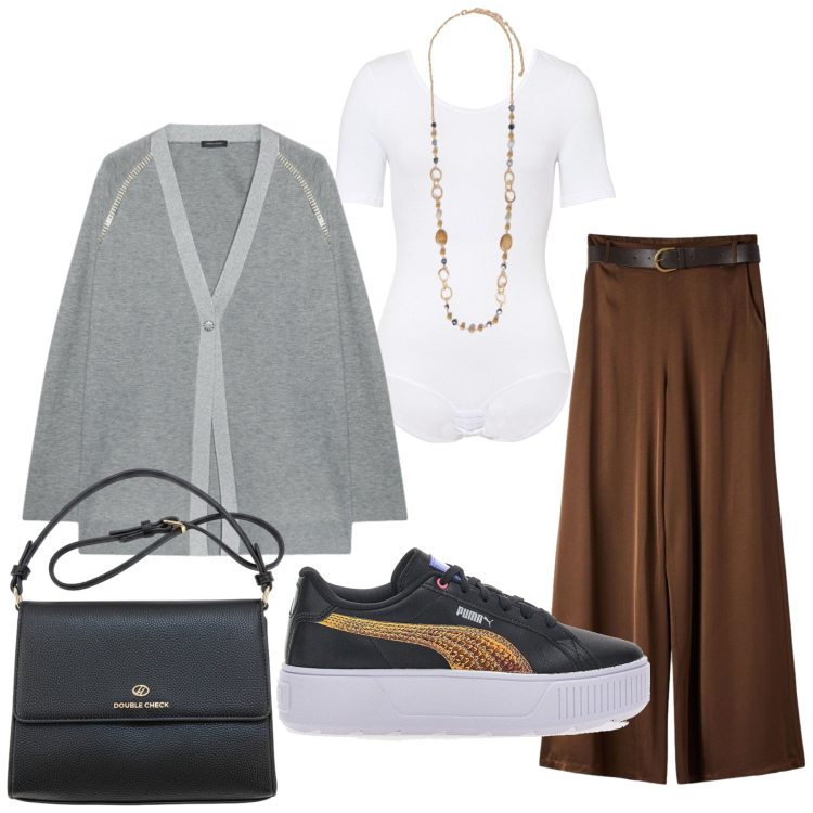 Outfit donna - Total look #2487272. Stile Casual chic per Tutti i giorni. Abbinamento con cardigans, collane, pantaloni, body, sneakers alte, borse a tracolla.