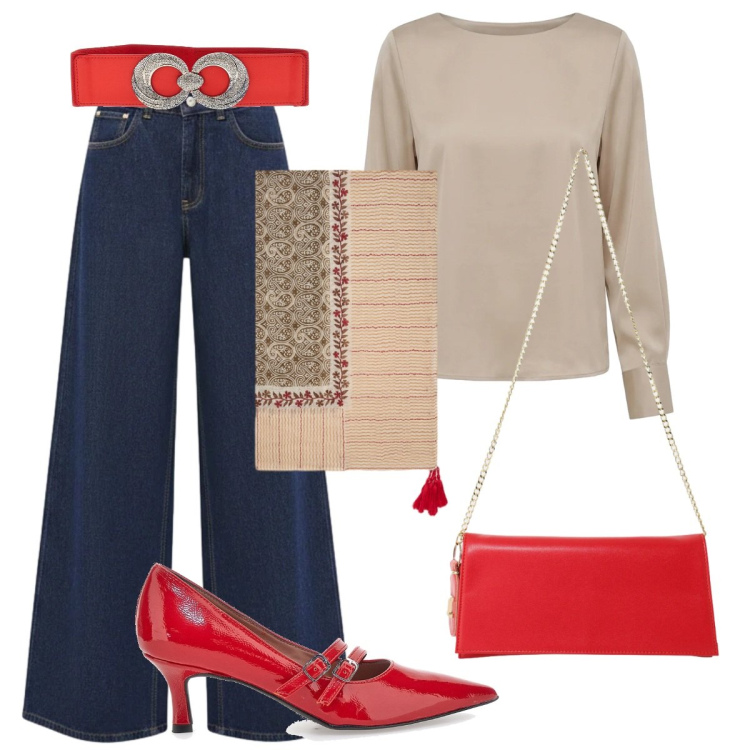 Outfit donna - Rosso pomeriggio. Stile Basic per Serata fuori. Abbinamento con borse a tracolla, sciarpe, jeans, bluse, décolleté, cinture.