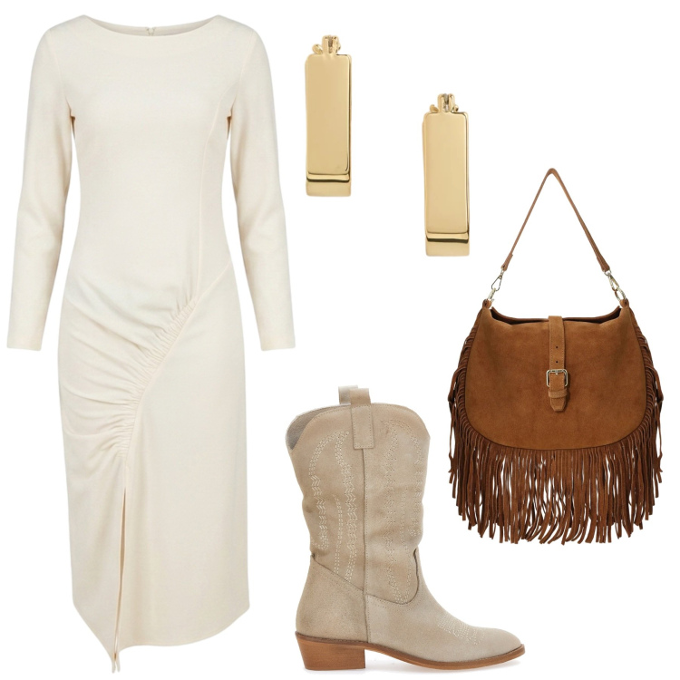 Outfit donna - Total look #2487280. Stile Glamour per Serata fuori. Abbinamento con borse a spalla, orecchini, vestiti midi/longuette, stivaletti texani.