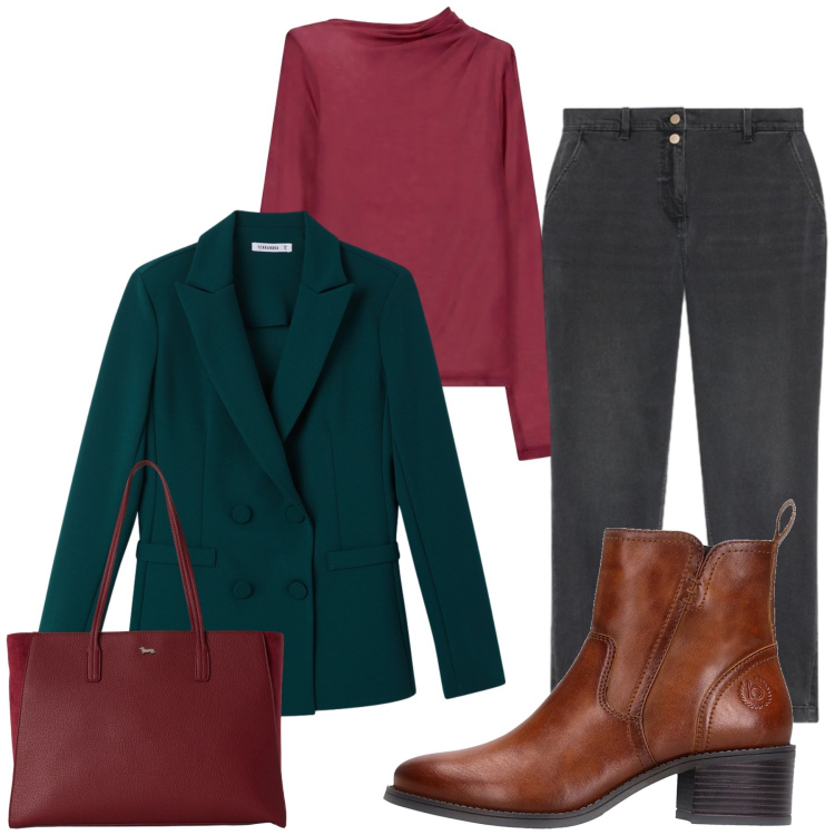 Outfit donna - Total look #2487283. Stile Chic per Tutti i giorni. Abbinamento con shopping bag, jeans, t-shirt, blazer, stivaletti.