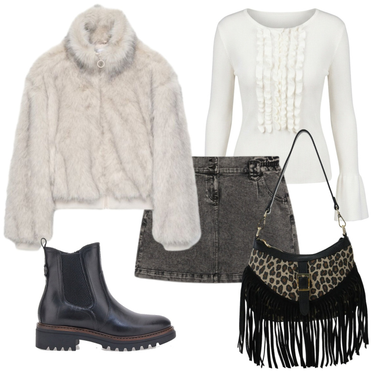 Outfit donna - Total look #2487284. Stile Glamour per Serata fuori. Abbinamento con borse a spalla, minigonne, maglieria, bomber, stivaletti chelsea.