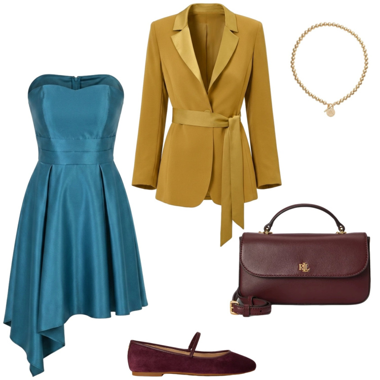 Outfit donna - Total look #2487290. Stile Casual chic per Serata fuori. Abbinamento con collane, ballerine, borse a mano, vestiti asimmetrici, blazer.