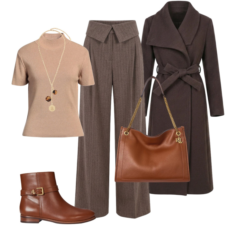 Outfit donna - Nuance marrone. Stile Glamour per Ufficio. Abbinamento con borse tote, collane, stivaletti, cappotti, pantaloni a palazzo, maglieria.