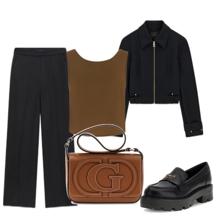 Outfit mujer - Casual #9590. Estilo Casual para Todos los días. Combinación con bolsos de hombro, top, mocasines, pantalones, blazers.