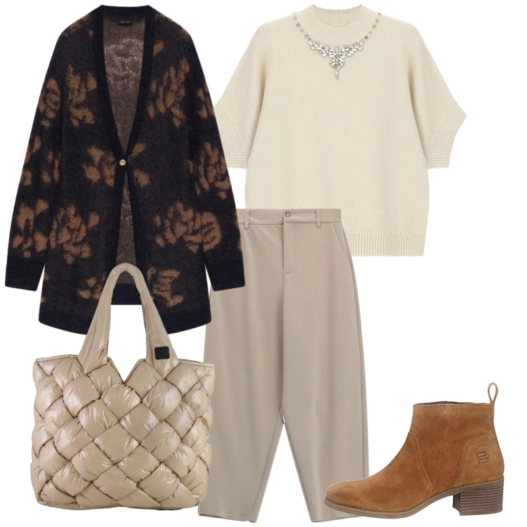 Outfit donna - Ottobre wechend. per Tutti i giorni. Abbinamento con maglieria, cardigans, pantaloni, borse tote, stivaletti.