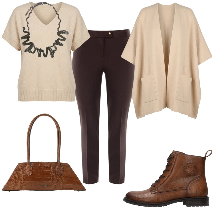 Outfit donna - Total look #2487318. Stile Urban per Ufficio. Abbinamento con ciondoli, borse a spalla, pantaloni, cappe, maglieria, anfibi.
