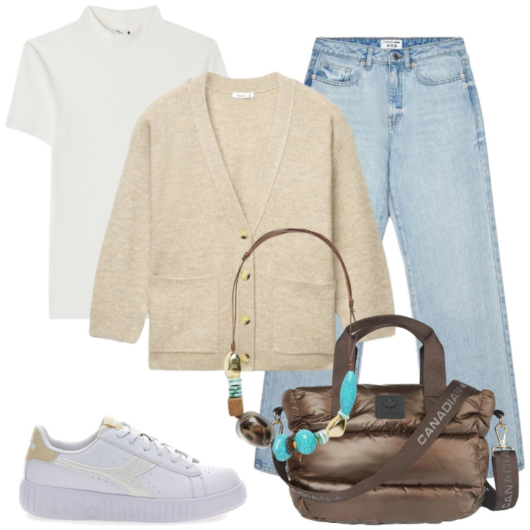 Outfit donna - Sporty Chic il look perfetto quotidiano. Stile Sporty chic per Tutti i giorni. Abbinamento con collane, borse a tracolla, cardigans, jeans dritti, t-shirt, sneakers.