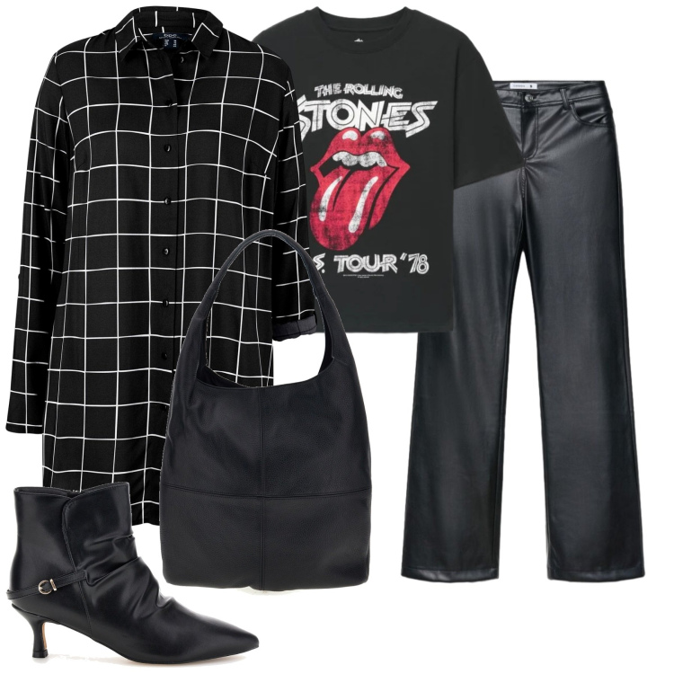 Outfit donna - Urban Rock Chic. Stile Rock per Serata fuori. Abbinamento con camicie, pantaloni, t-shirt, stivaletti, borse a spalla.