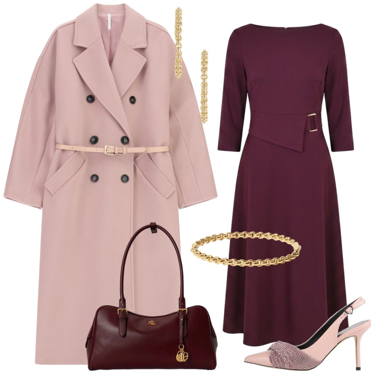 Outfit donna - Total look #2487339. Stile Bon Ton per Tutti i giorni. Abbinamento con cappotti, borse a mano, orecchini, braccialetti, vestiti asimmetrici, décolleté.