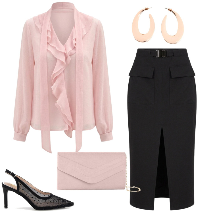 Outfit donna - Rosa e nero. Stile Chic per Serata fuori. Abbinamento con bluse, gonne longuette, clutch, décolleté, orecchini.