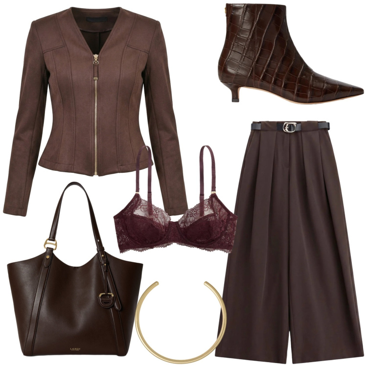 Outfit donna - Marrone il colore dell' autunno. Stile Chic per Ufficio. Abbinamento con pantaloni a palazzo, reggiseni, collane, borse tote, stivaletti, blazer.