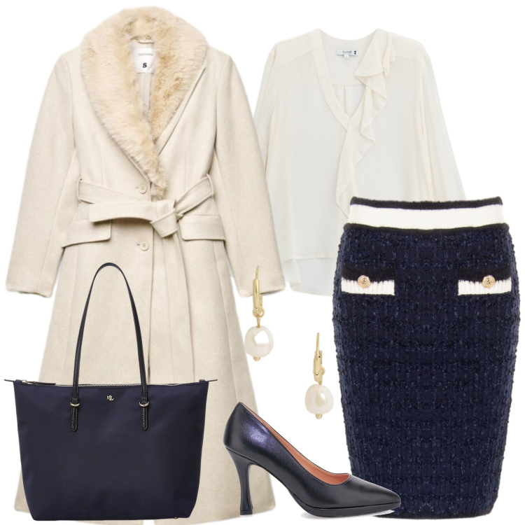 Outfit donna - Total look #2487349. Stile Bon Ton per Ufficio. Abbinamento con borse tote, orecchini, bluse, gonne longuette, cappotti, décolleté.