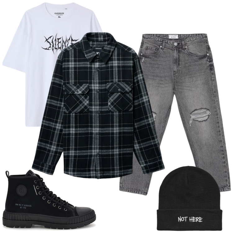 Outfit uomo - Vibrazioni di oggi : "Not Here". Stile Urban per Tutti i giorni. Abbinamento con cappotti, jeans strappati, t-shirt, berretti, sneakers alte.