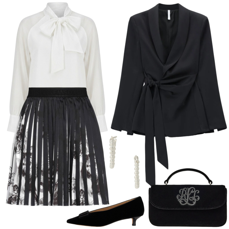 Outfit donna - La gonna plissé e la camicia col fiocco. Stile Bon Ton per Cerimonia. Abbinamento con blazer, orecchini, décolleté, borse a mano, bluse, minigonne.