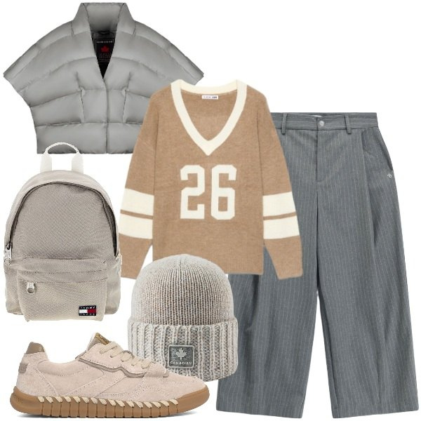 Outfit donna - I primi 100 Grammi. Stile Sporty chic per Scuola/Università. Abbinamento con pantaloni a palazzo, piumini, berretti, maglieria, sneakers, zaini.