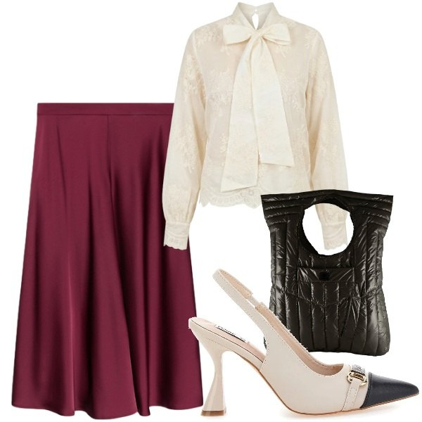 Outfit donna - In ufficio col fiocco. Stile Bon Ton per Ufficio. Abbinamento con gonne, bluse, borse a mano, décolleté.