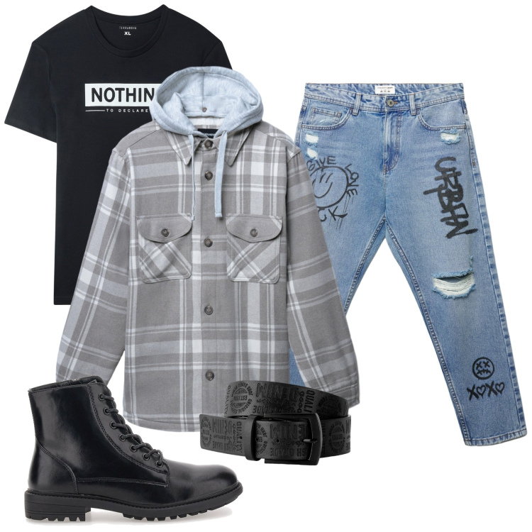 Outfit uomo - City Grunge Vibe: Rebel Style. Stile Urban per Tutti i giorni. Abbinamento con t-shirt, cappotti, jeans strappati, cinture, anfibi.