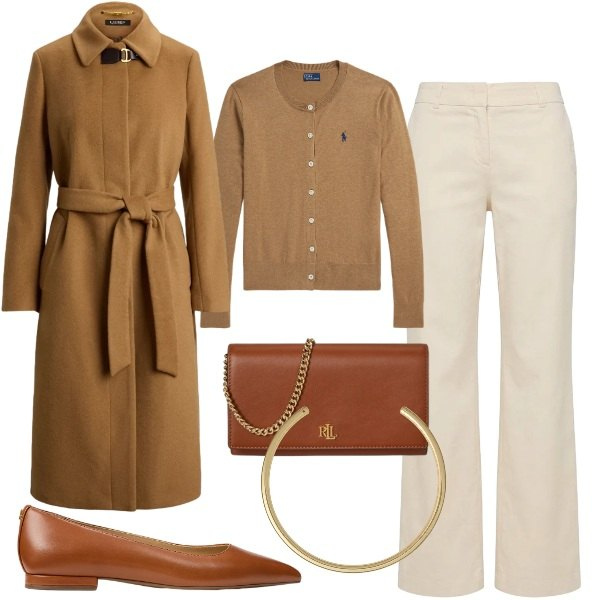 Outfit donna - Monocromo in marrone. Stile Bon Ton per Ufficio. Abbinamento con pantaloni, cappotti, ballerine, cardigans, collane, borse a tracolla.