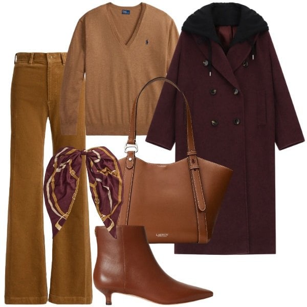 Outfit donna - Monocromo in marrone. Stile Chic per Ufficio. Abbinamento con cappotti, pantaloni, stivaletti, maglieria, foulard, borse tote.
