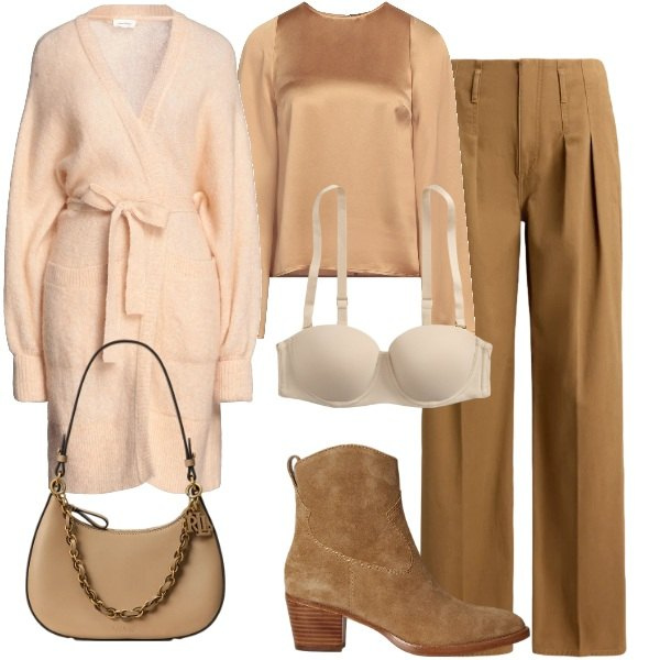 Outfit donna - Tessuti avvolgenti ad ottobre - @mikytwi. Stile Chic per Ufficio. Abbinamento con pantaloni, stivaletti, borse a spalla, reggiseni, top, cardigans.
