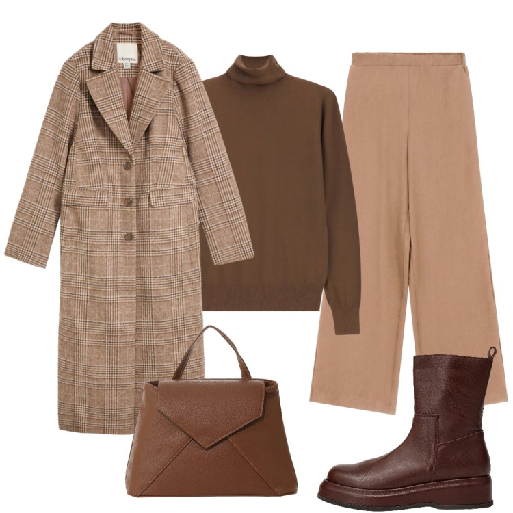 Outfit donna - Tonalità di marrone. Stile Chic per Tutti i giorni. Abbinamento con pantaloni a palazzo, borse a mano, pullovers, stivaletti, cappotti.