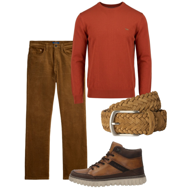 Outfit uomo - Toni del bosco e della terra. Stile Casual per Tutti i giorni. Abbinamento con cinture, maglieria, pantaloni, anfibi.